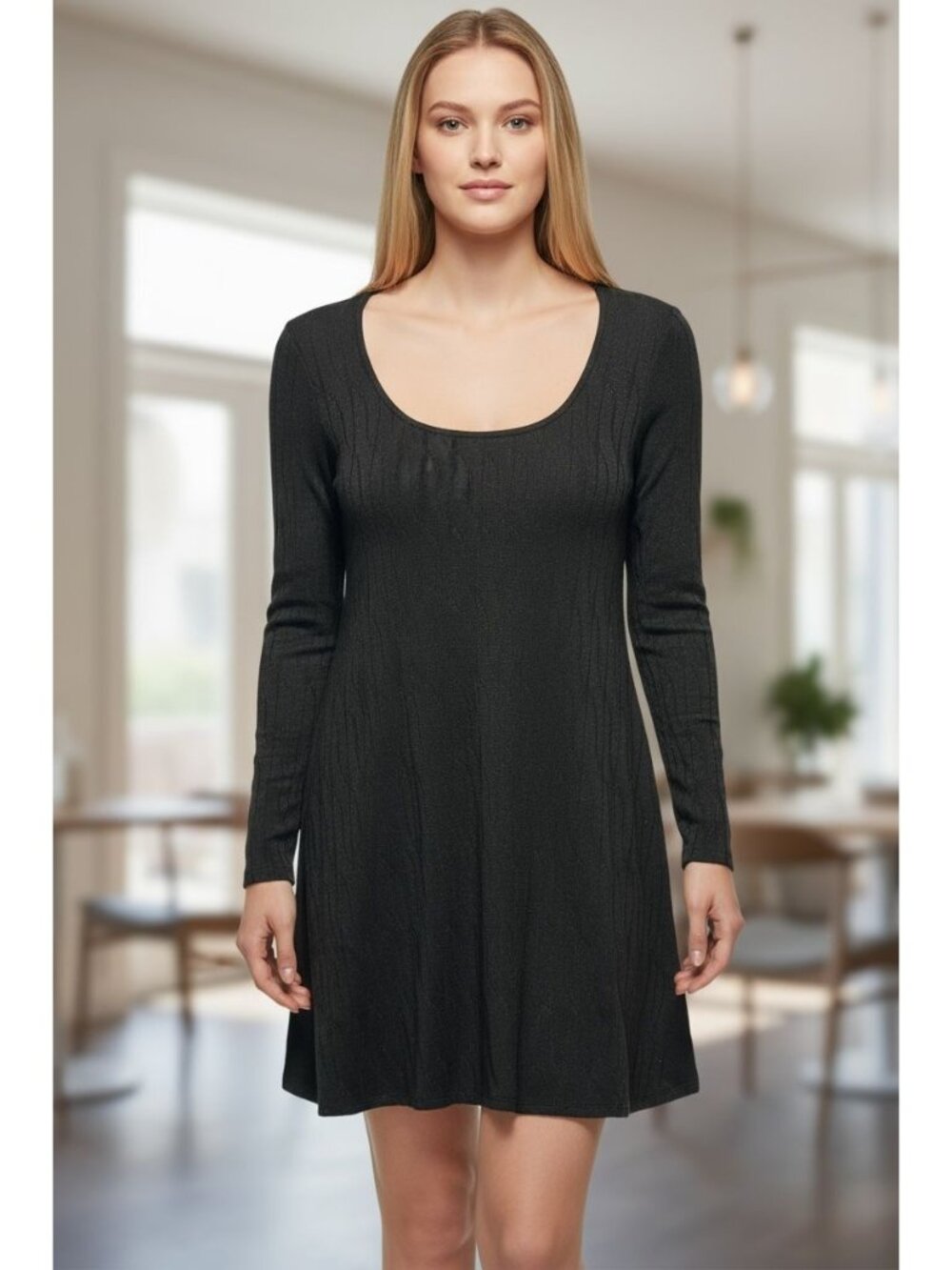 Tash + Sophie Black Long Sleeve Scoop Neck Knit Dress L Made In USA